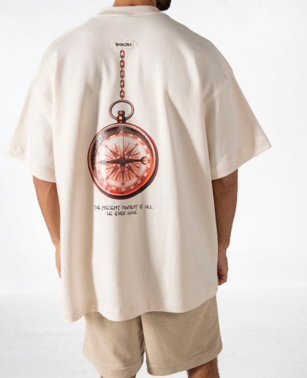 Time capsule graphic t-shirt with compass print and motivational quote, men's casual fashion, trendy streetwear design, summer outfit inspiration, Shacra, modern graphic tee for men.