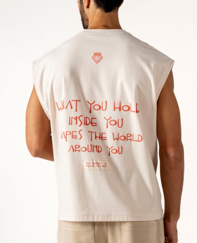 Unique sleeveless white t-shirt with motivational quote and embroidered message on back, ideal for casual wear, fashion, and self-expression.