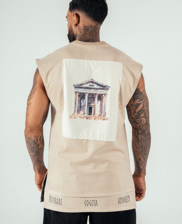 Vintage-inspired sleeveless beige top featuring a printed image of an ancient Greek temple on the back and inspirational Latin words along the hem, combining classical art with modern streetwear.